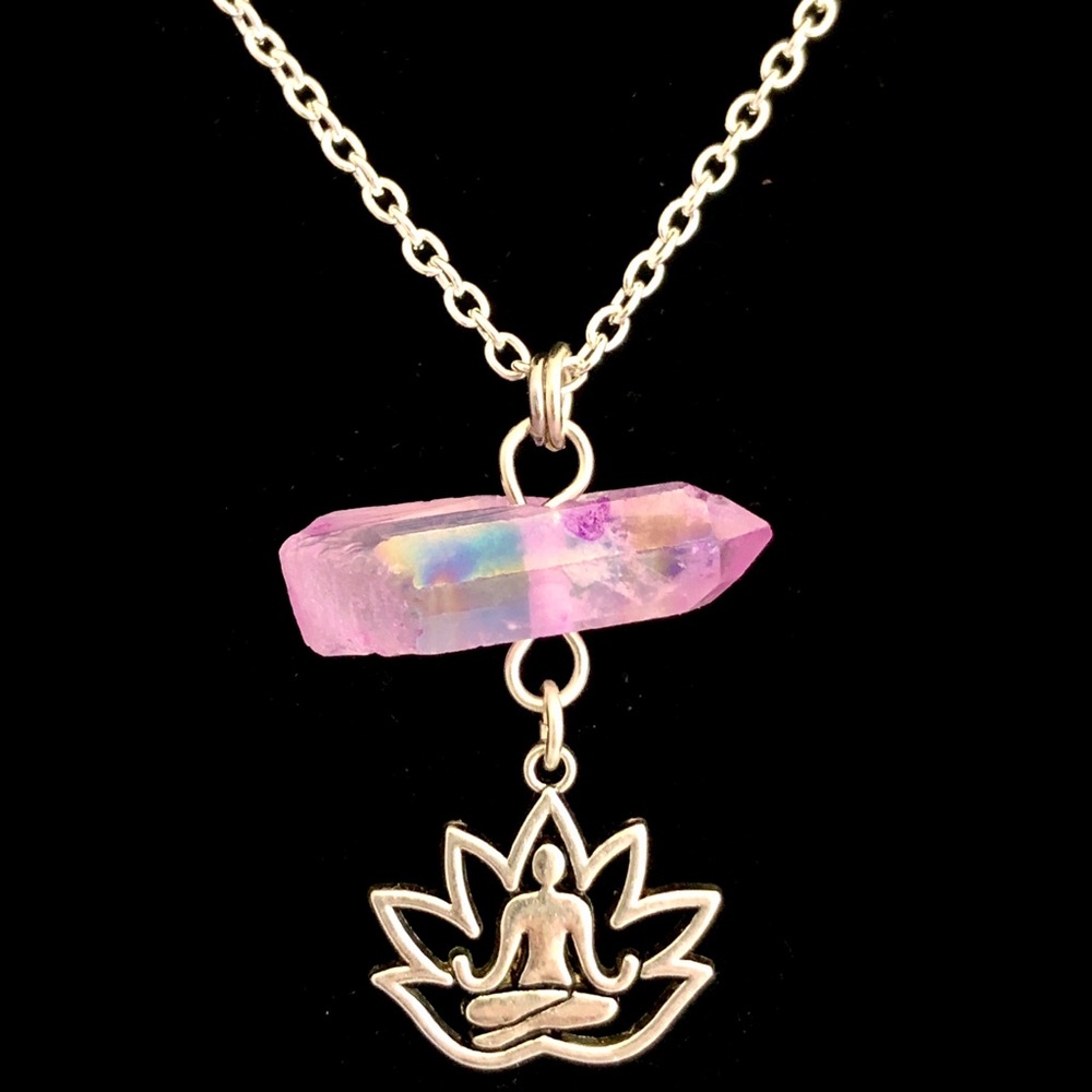 Aura Quartz Crystal Necklace with Lotus Charm